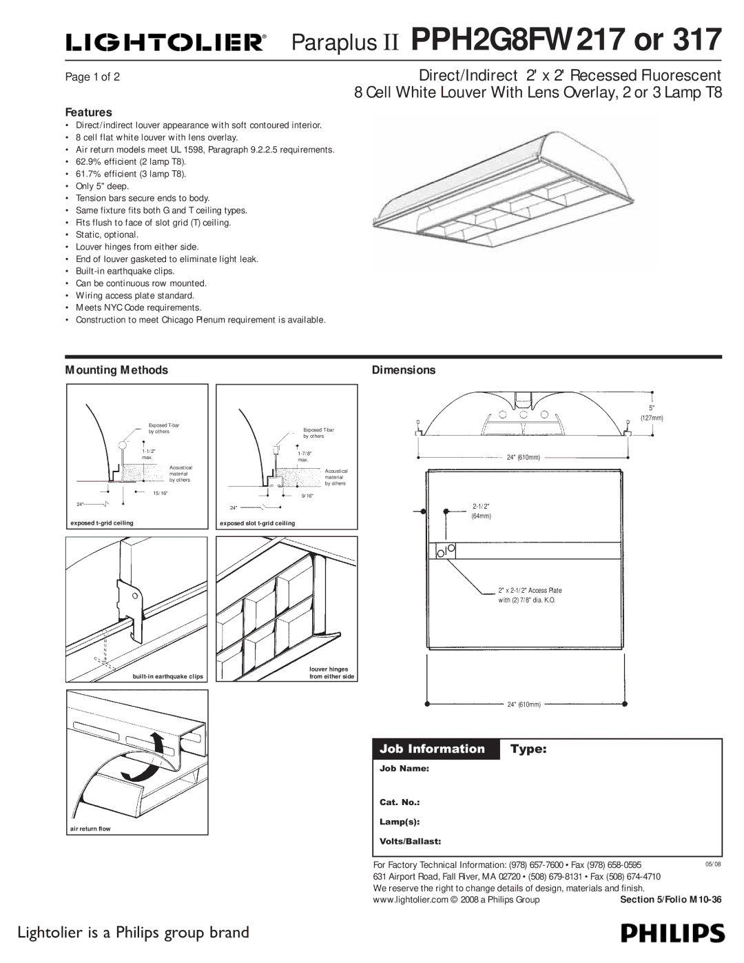 Lightolier PPH2G8FW317 dimensions Features, Mounting Methods, 127mm 24 610mm 64mm, Exposed slot t-grid ceiling 