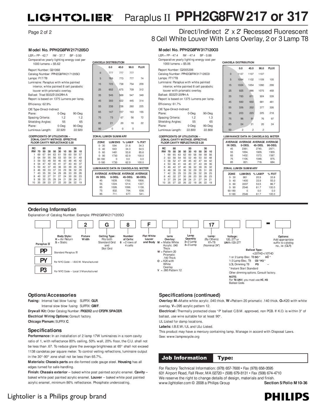 Lightolier PPH2G8FW217, PPH2G8FW317 dimensions Ordering Information, Options/Accessories, Specifications 