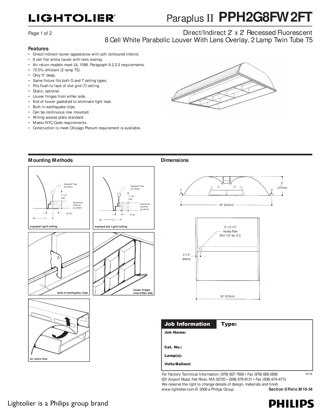 Lightolier PPH2G8FW2FT dimensions Features, Mounting Methods, Job Information 