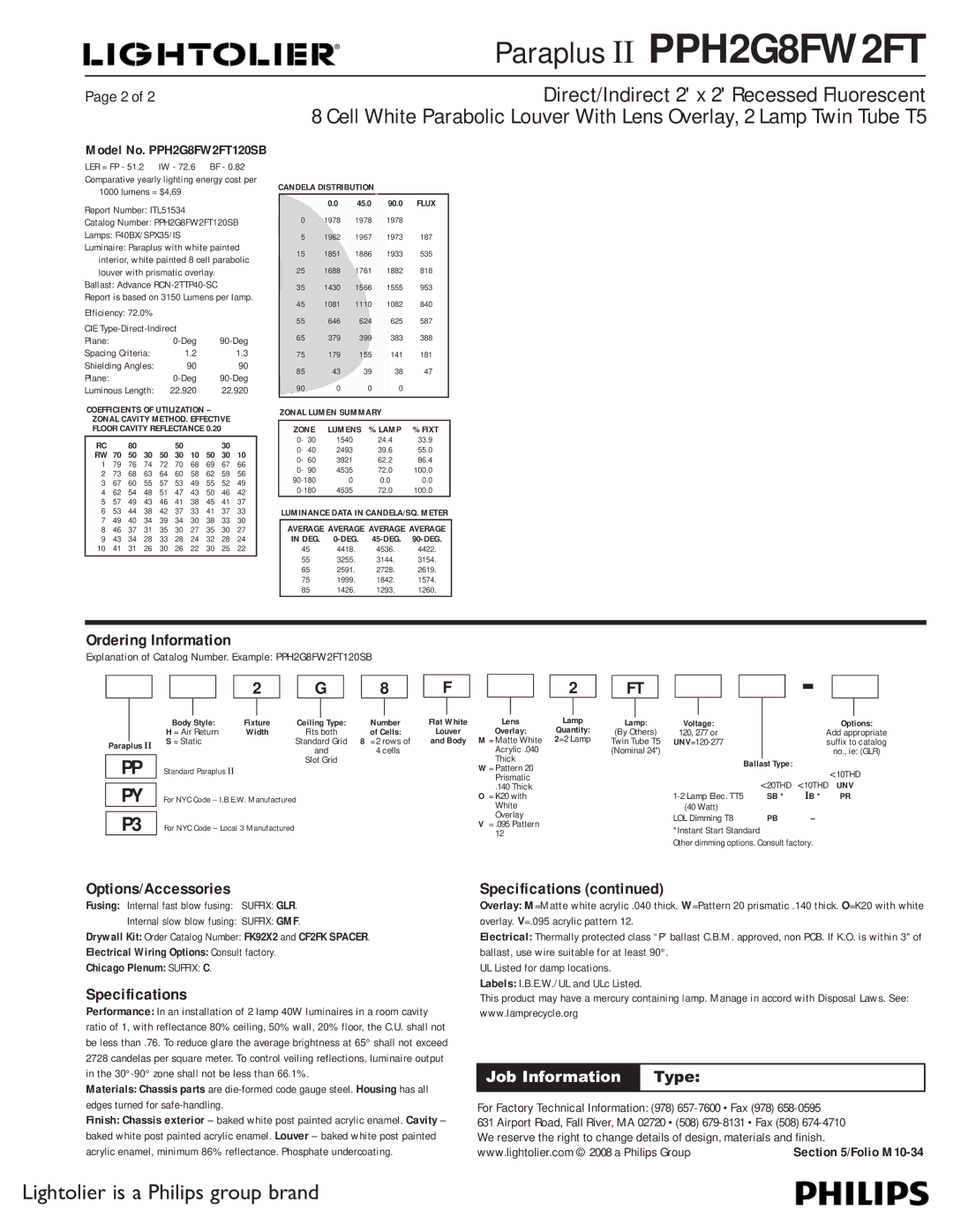 Lightolier PPH2G8FW2FT dimensions Ordering Information, Options/Accessories, Specifications, Job Information Type 