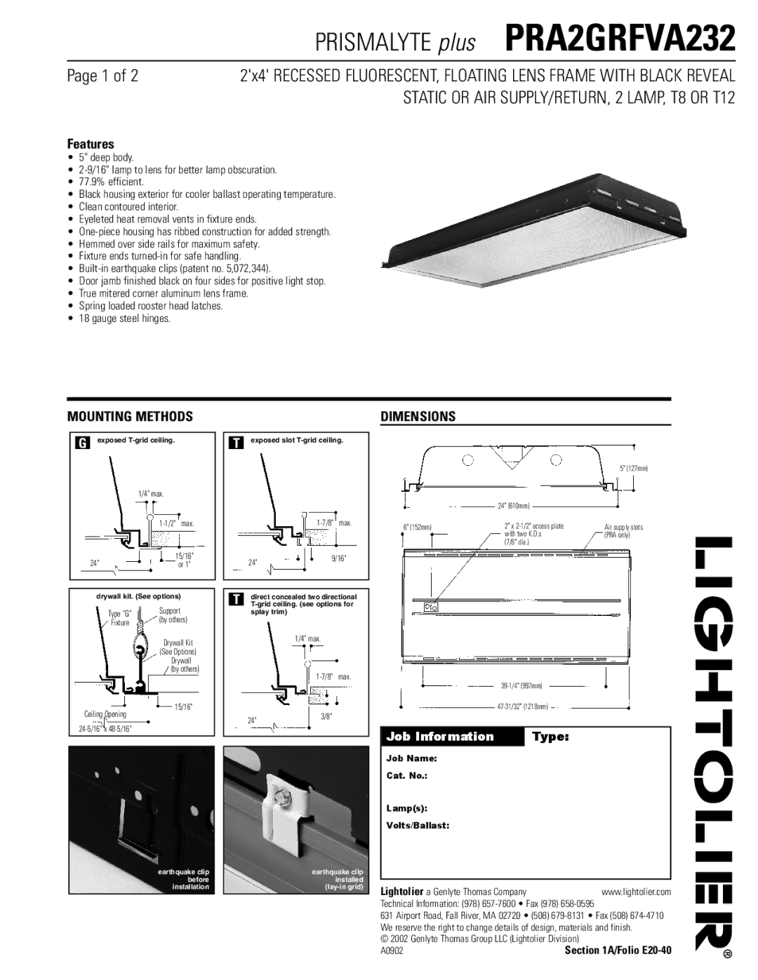 Lightolier PRA1GRFVA232 dimensions Mounting Methods, Dimensions, Job Name Cat. No Lamps Volts/Ballast 