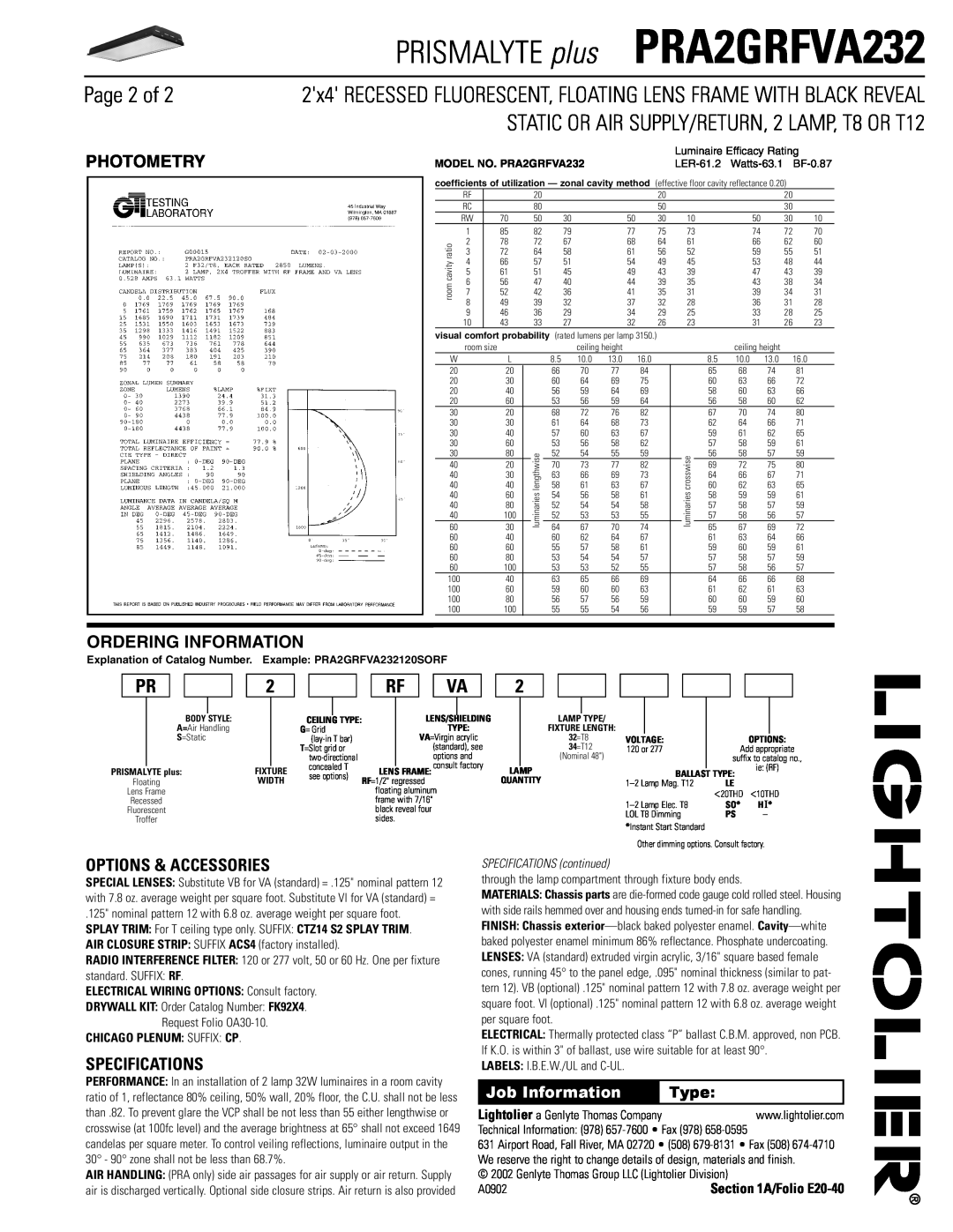 Lightolier PRA1GRFVA232 dimensions Page 2 of, Photometry, Ordering Information, Options & Accessories, Specifications, Type 