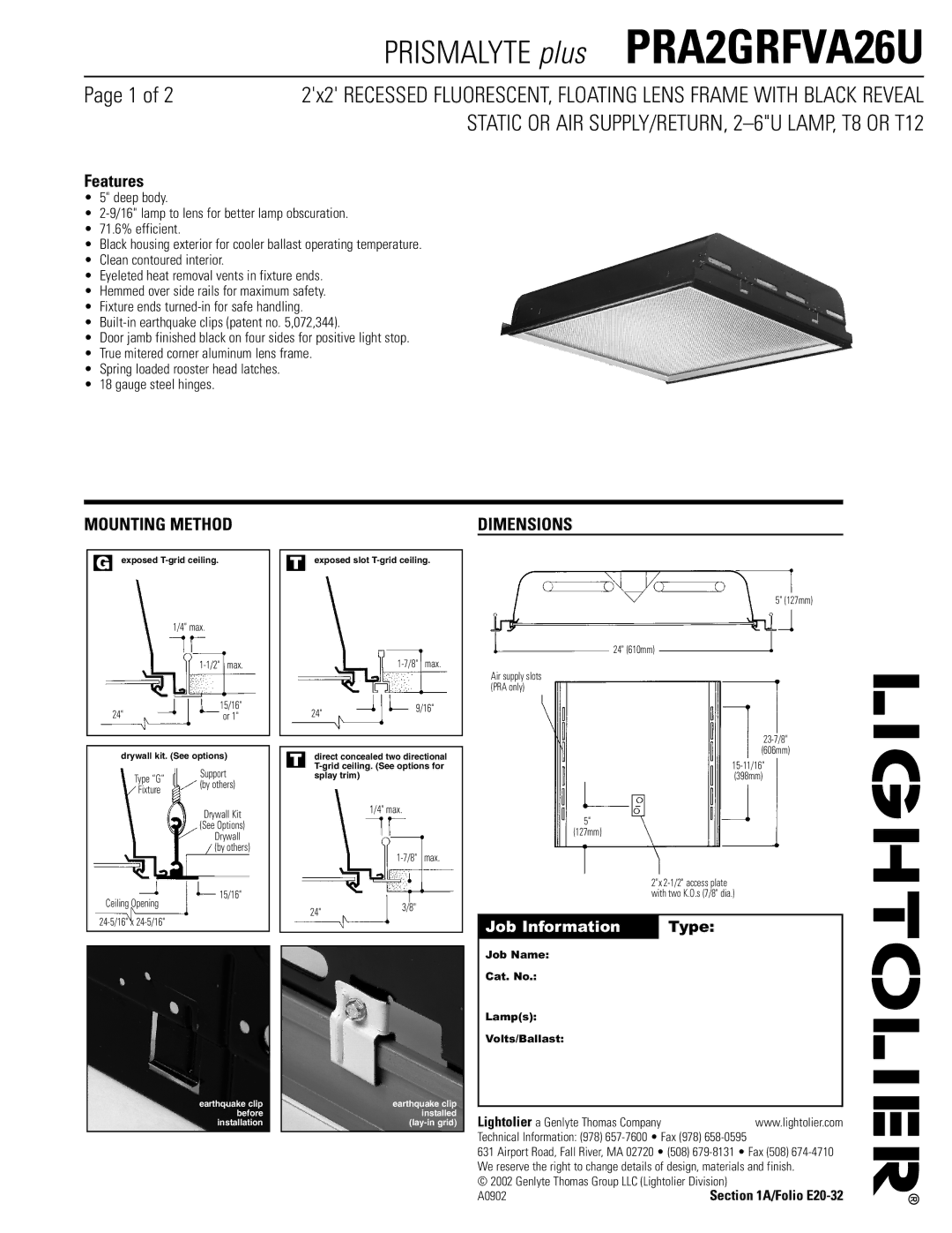 Lightolier PRA2GRFVA26U dimensions Features, Mounting Method, Dimensions, Job Name Cat. No Lamps Volts/Ballast 