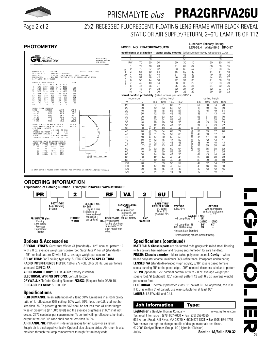 Lightolier PRA2GRFVA26U dimensions Photometry, Ordering Information, Options & Accessories, Specifications 