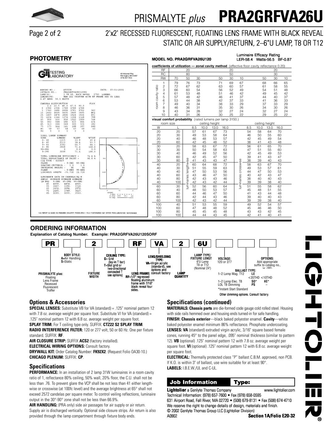 Lightolier PRA2GRFVA26U dimensions Page 2 of, Photometry, Ordering Information, Options & Accessories, Specifications, Type 