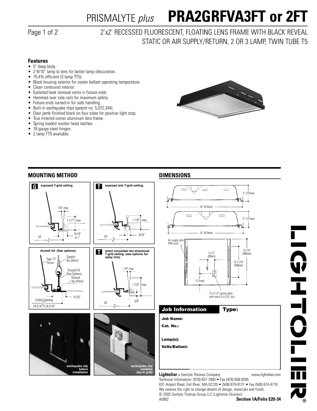 Lightolier PRA2GRFVA2FT dimensions Mounting Method, Dimensions, Job Information Type, Job Name Cat. No Lamps Volts/Ballast 