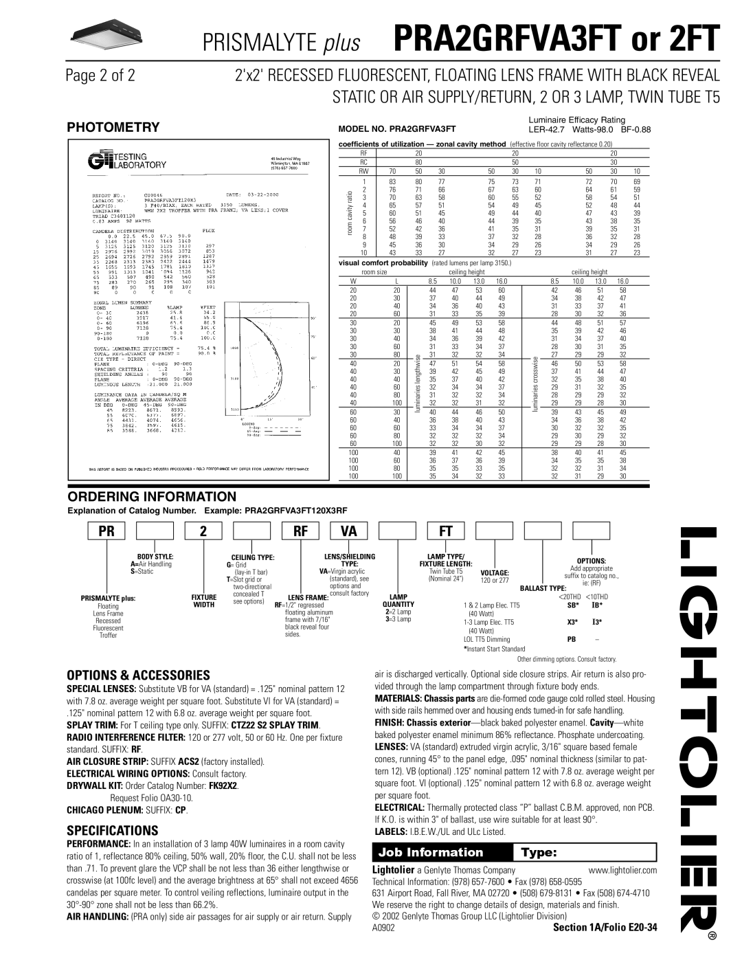 Lightolier PRA2GRFVA3FT dimensions Photometry, Ordering Information, Options & Accessories, Specifications, Job Information 