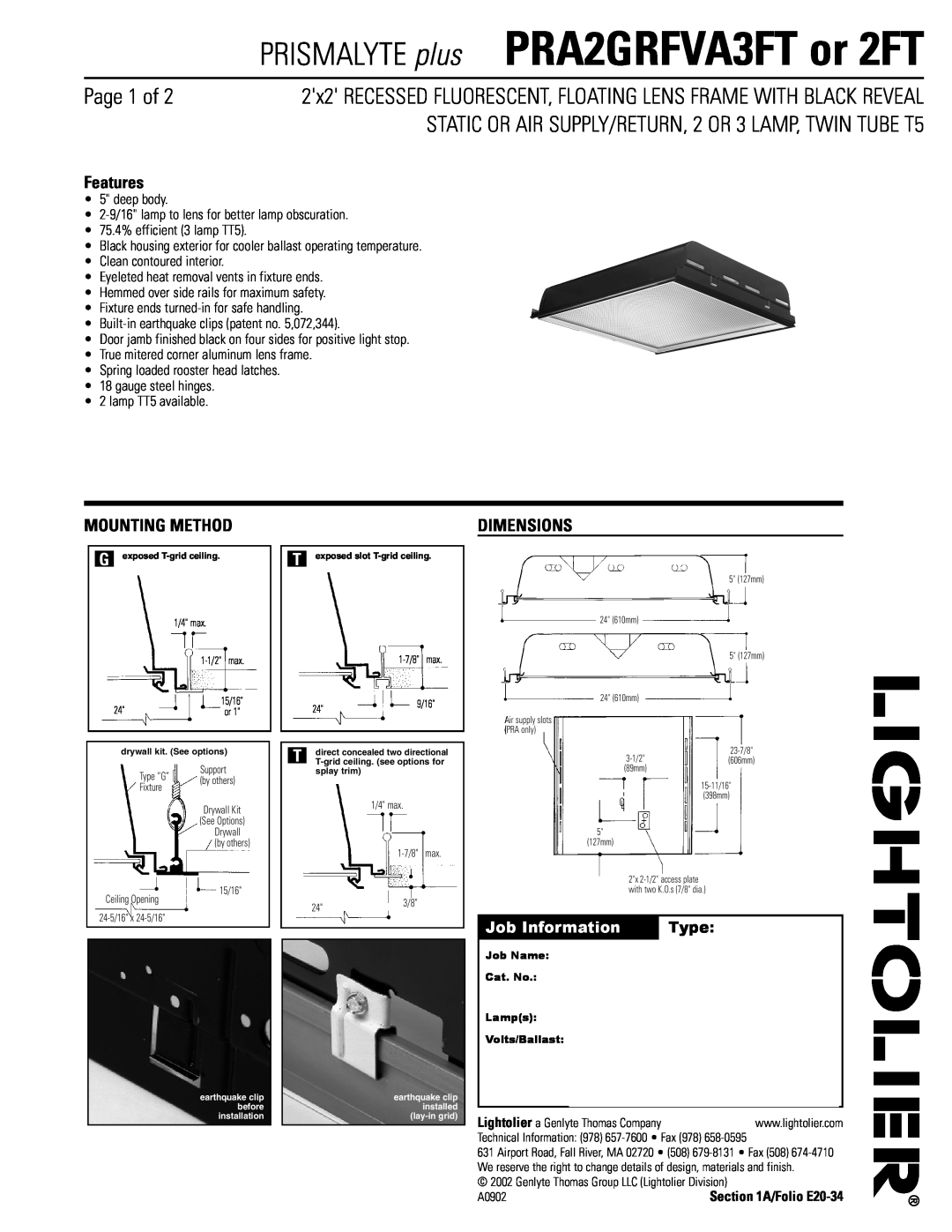 Lightolier PRA2GRFVA2FT dimensions PRISMALYTE plus PRA2GRFVA3FT or 2FT, Page 1 of, Features, Mounting Method, Dimensions 