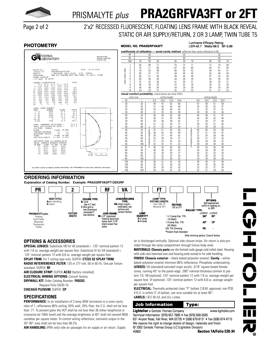 Lightolier PRA2GRFVA3FT dimensions Page 2 of, Photometry, Ordering Information, Options & Accessories, Specifications, Type 