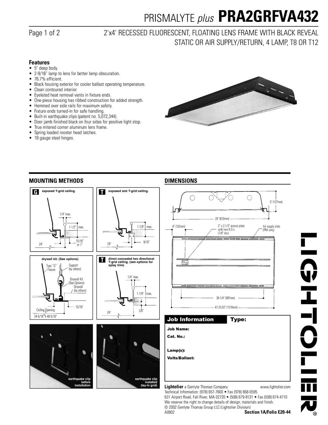 Lightolier PRA2GRFVA432 dimensions Mounting Methods, Dimensions, Job Name Cat. No Lamps Volts/Ballast 