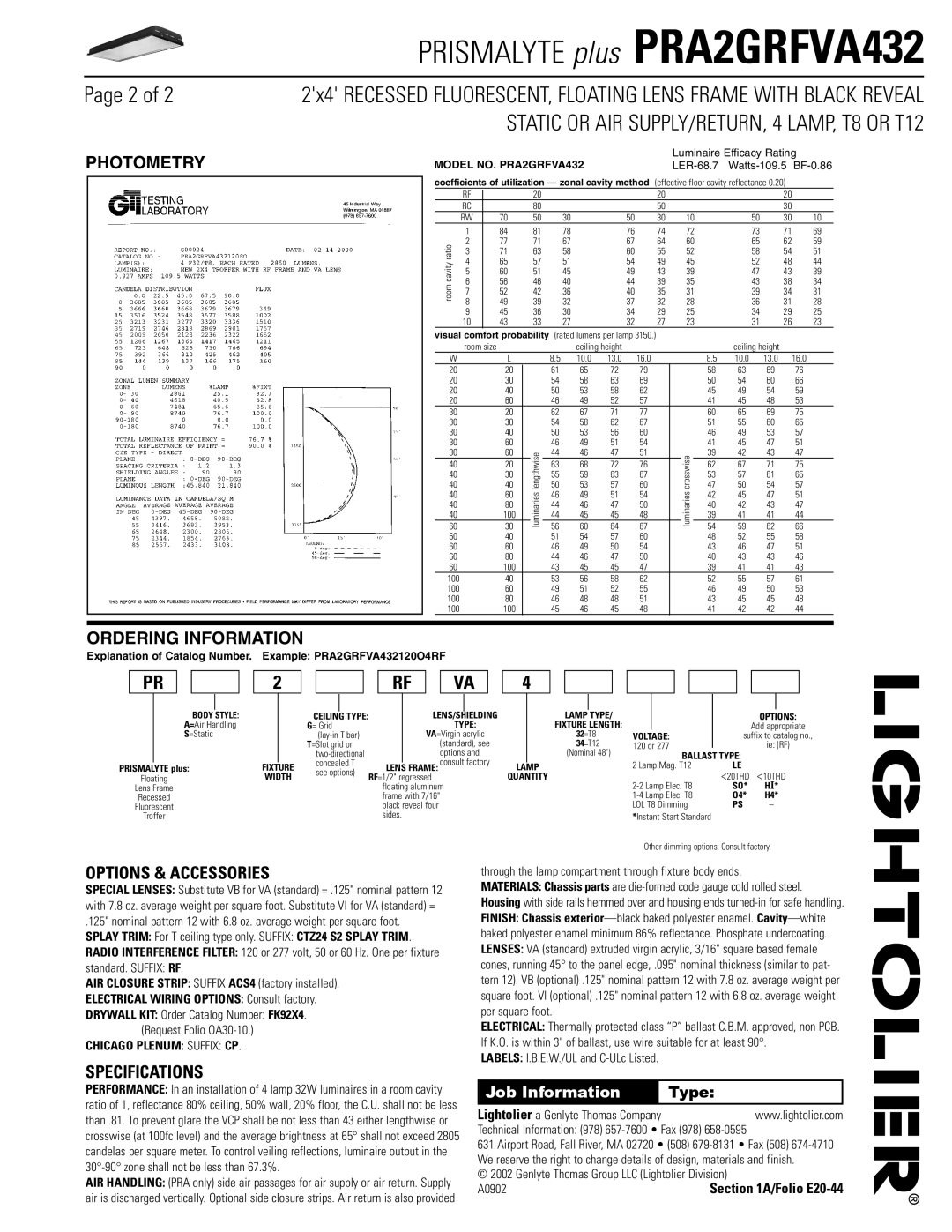 Lightolier PRA2GRFVA432 dimensions Photometry, Ordering Information, Options & Accessories, Specifications 