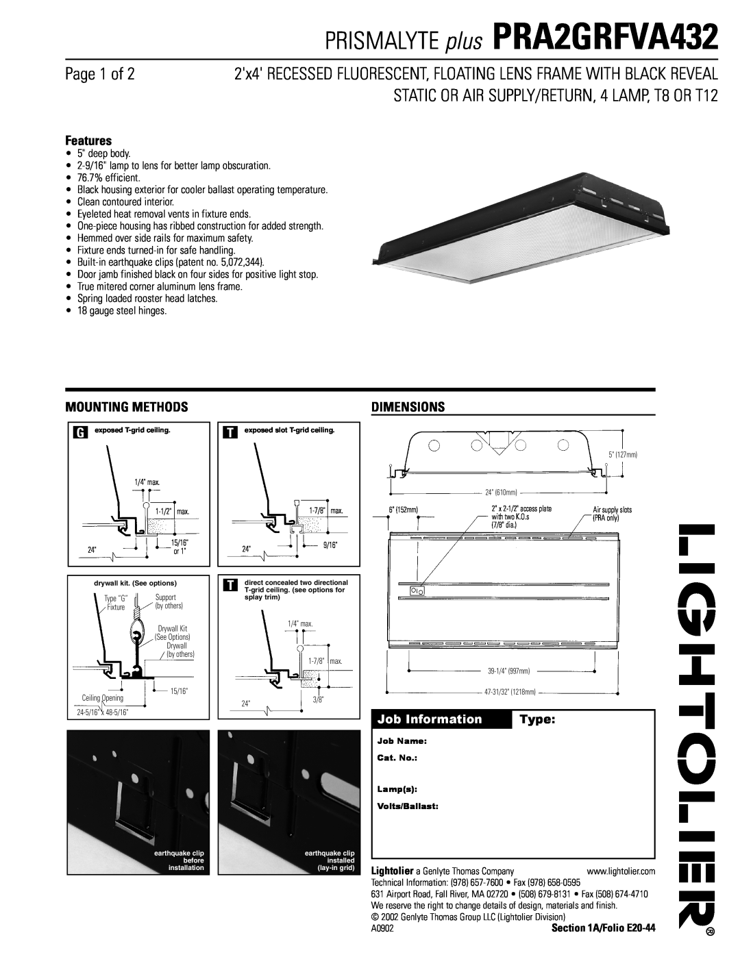 Lightolier dimensions PRISMALYTE plus PRA2GRFVA432, Page 1 of, STATIC OR AIR SUPPLY/RETURN, 4 LAMP, T8 OR T12, Features 