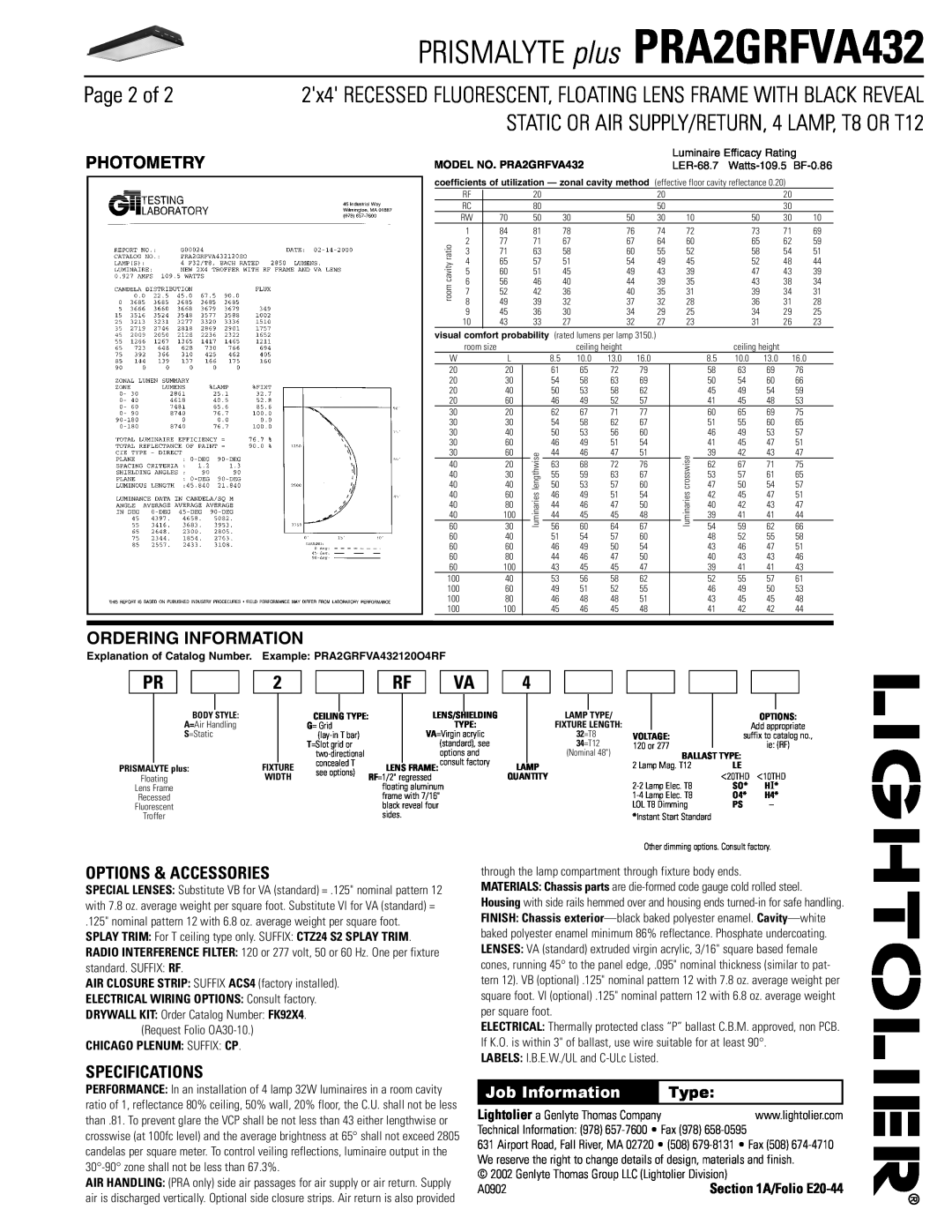 Lightolier PRA2GRFVA432 dimensions Page 2 of, Photometry, Ordering Information, Options & Accessories, Specifications, Type 
