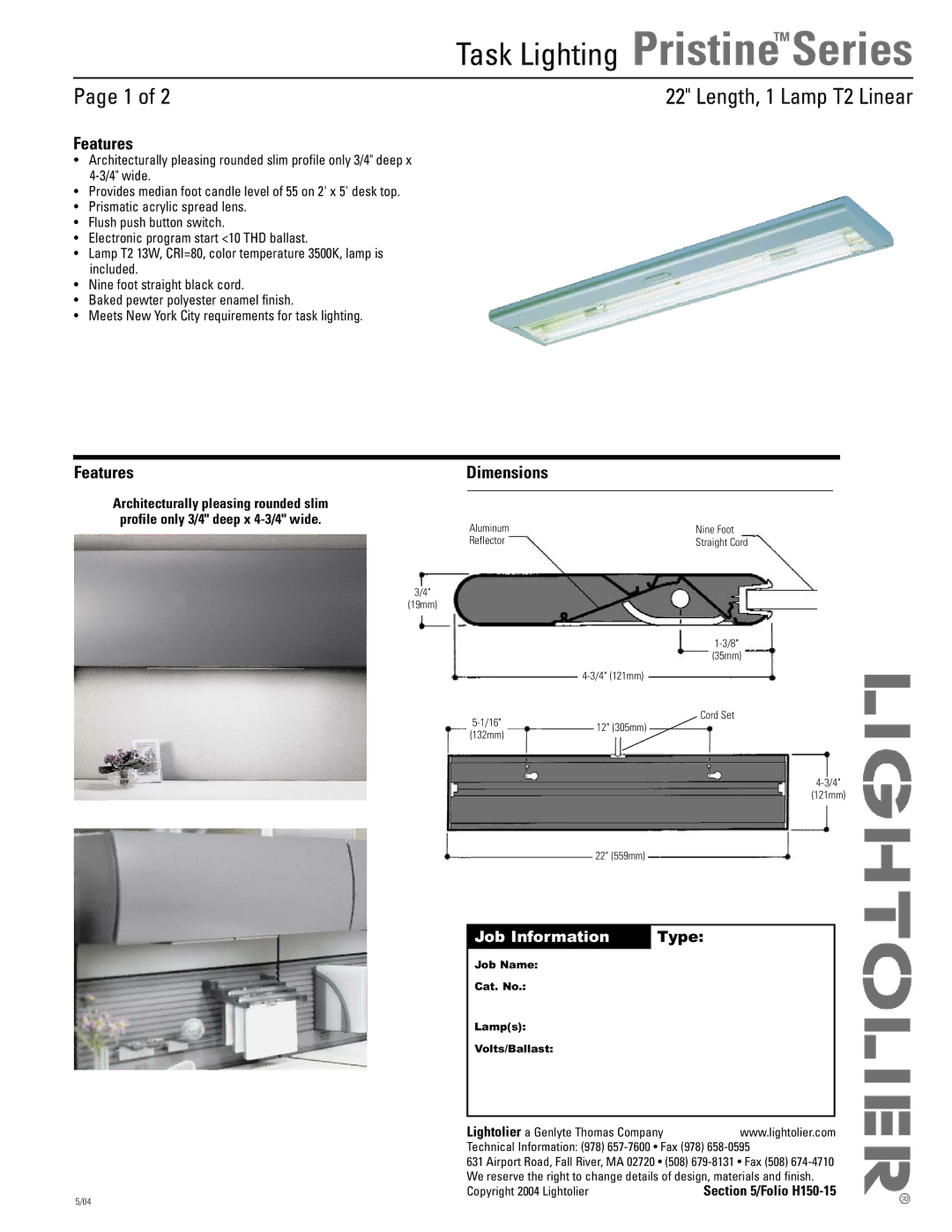 Lightolier Pristine Series dimensions Features Dimensions, Job Information Type 