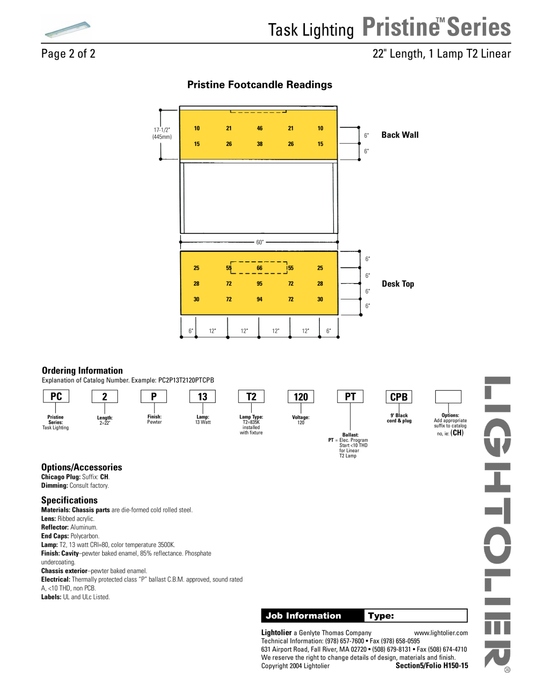 Lightolier Pristine Series Page 2 of, Ordering Information, Options/Accessories, Specifications, Length, 1 Lamp T2 Linear 