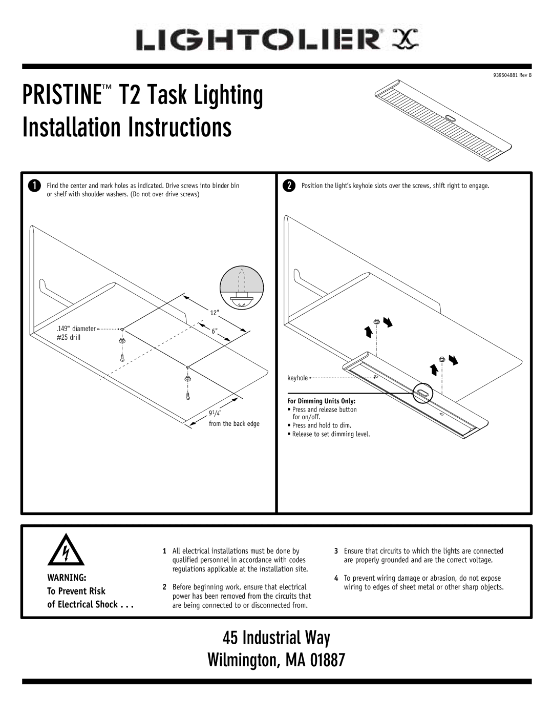 Lightolier PRISTINE installation instructions Pristine T2 Task Lighting Installation Instructions 