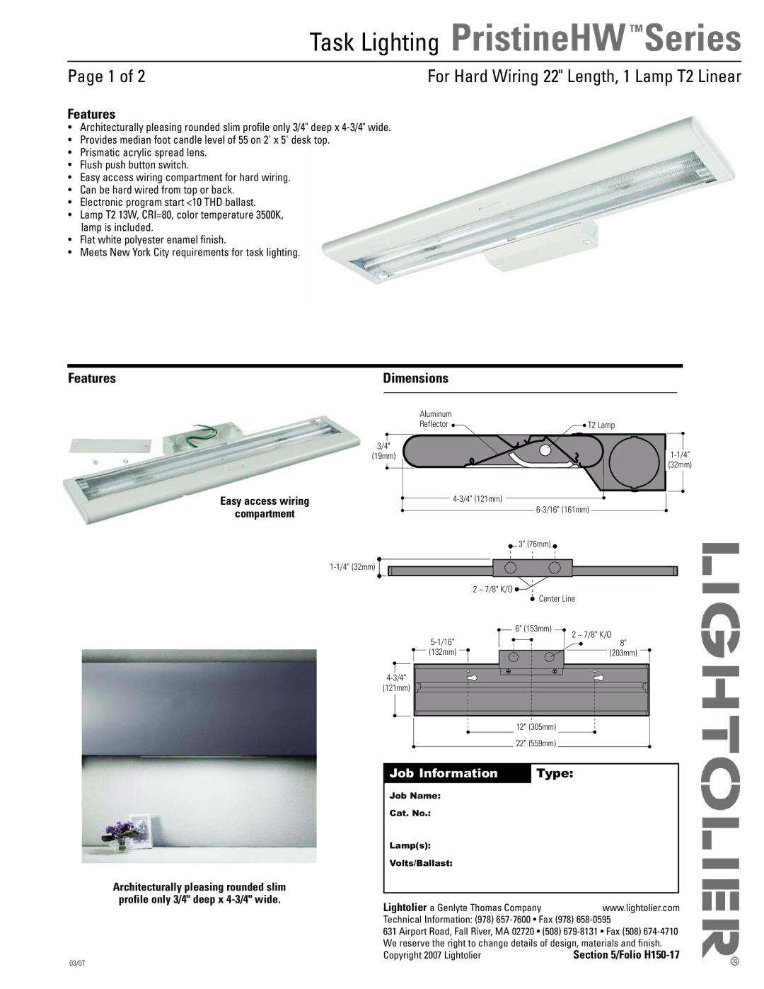 Lightolier PristineHW Series dimensions Features Dimensions, Job Information Type 