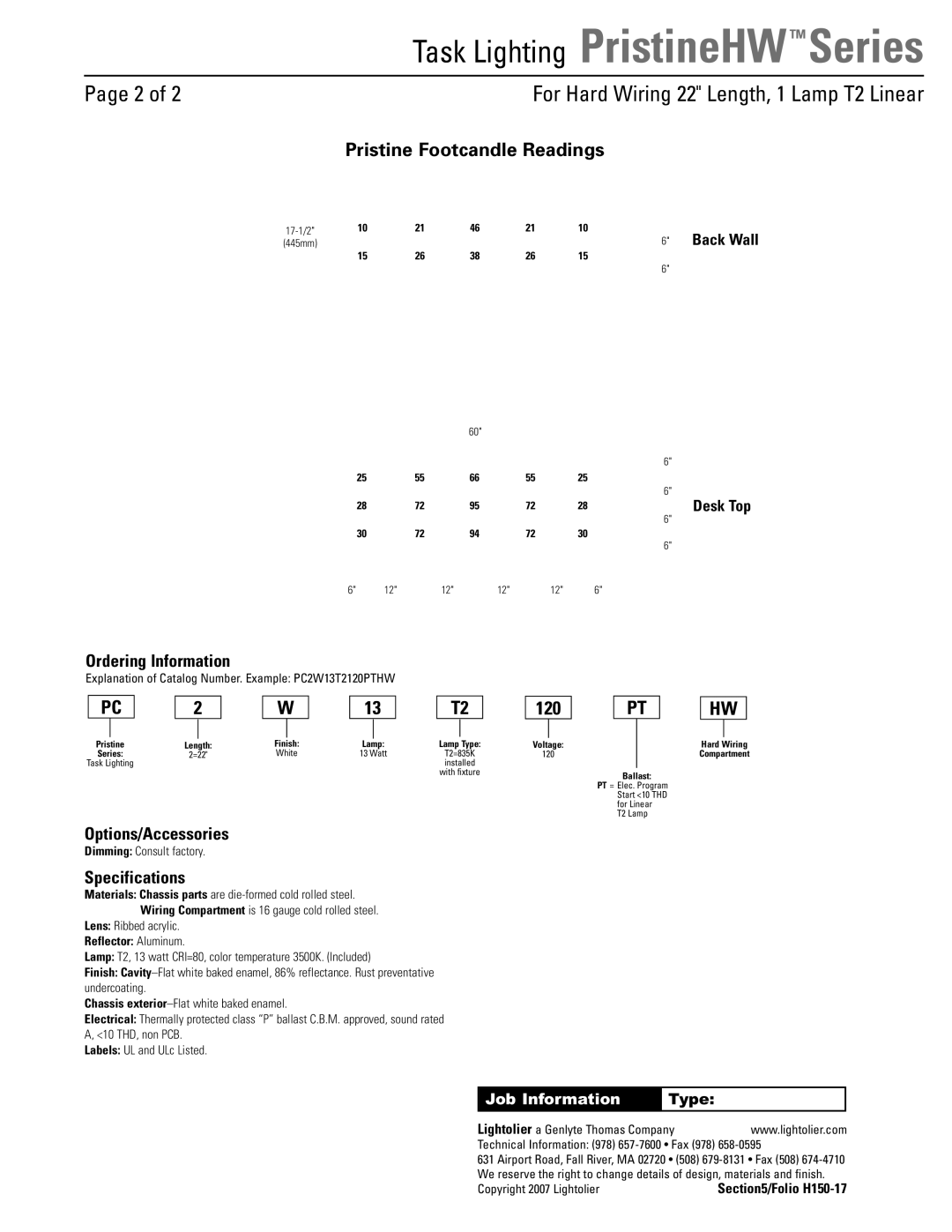 Lightolier PristineHW Series Pristine Footcandle Readings, 120, Ordering Information, Options/Accessories, Specifications 