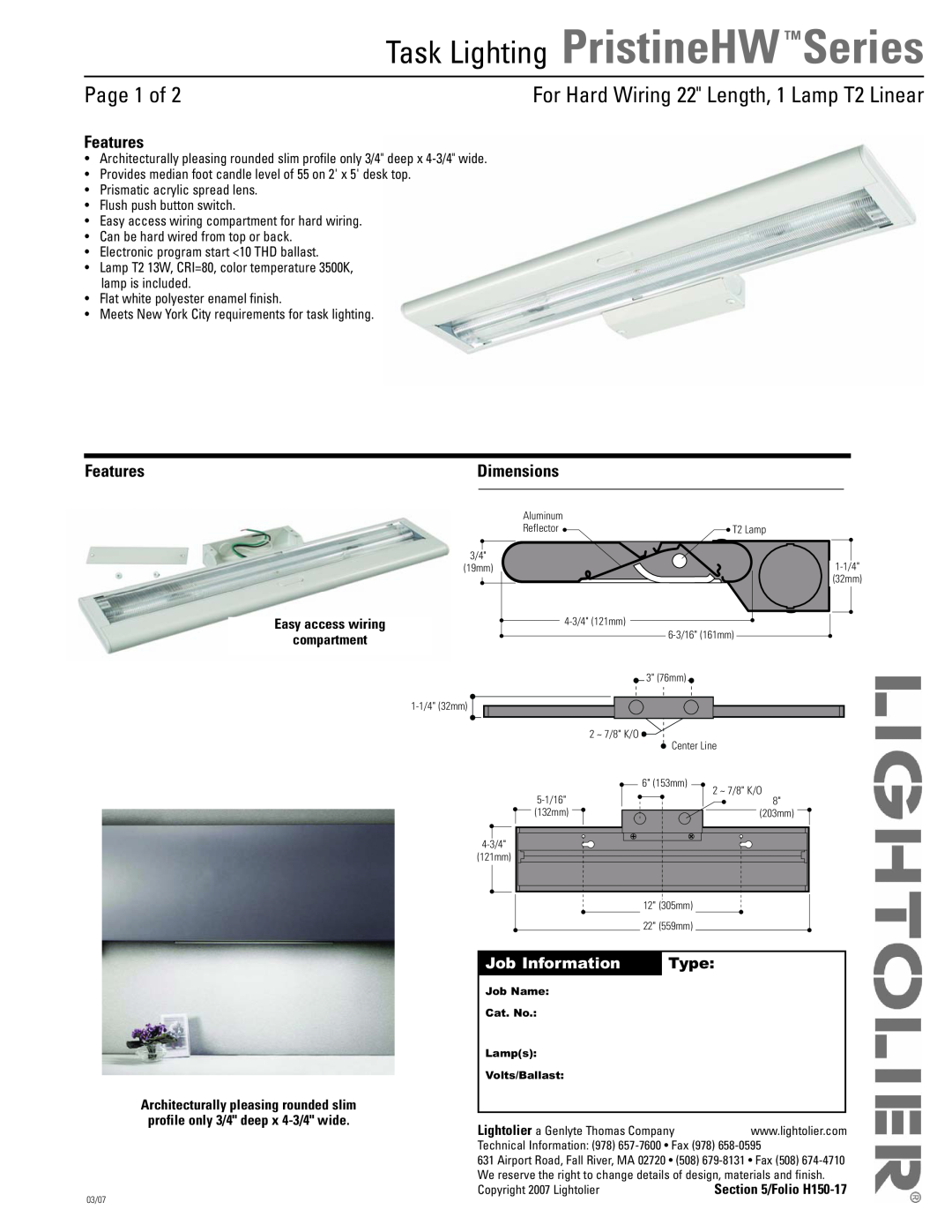 Lightolier PristineHW Series dimensions Page 1 of, For Hard Wiring 22 Length, 1 Lamp T2 Linear, Features, Dimensions, Type 