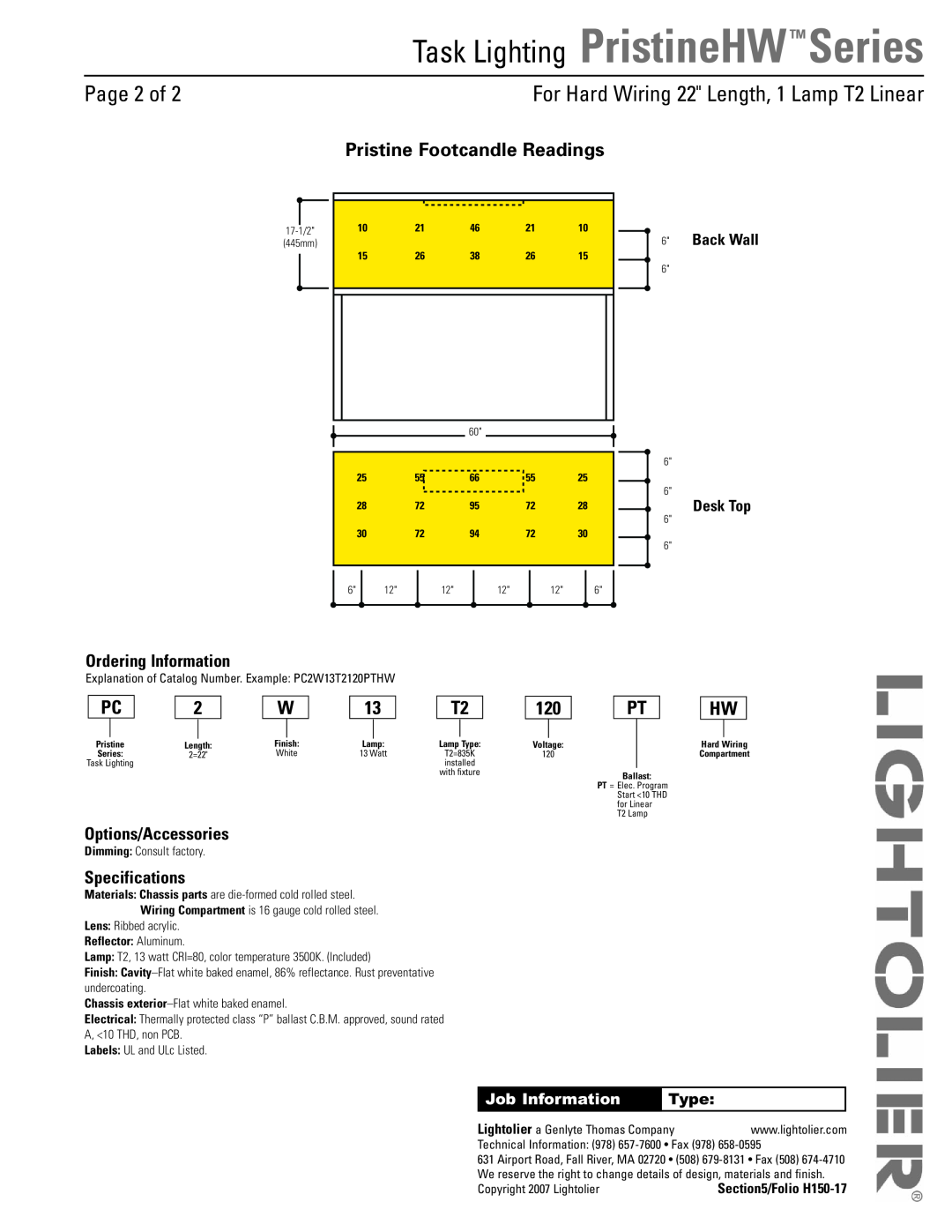 Lightolier PristineHW Series Page 2 of, Ordering Information, Options/Accessories, Specifications, Back Wall Desk Top 