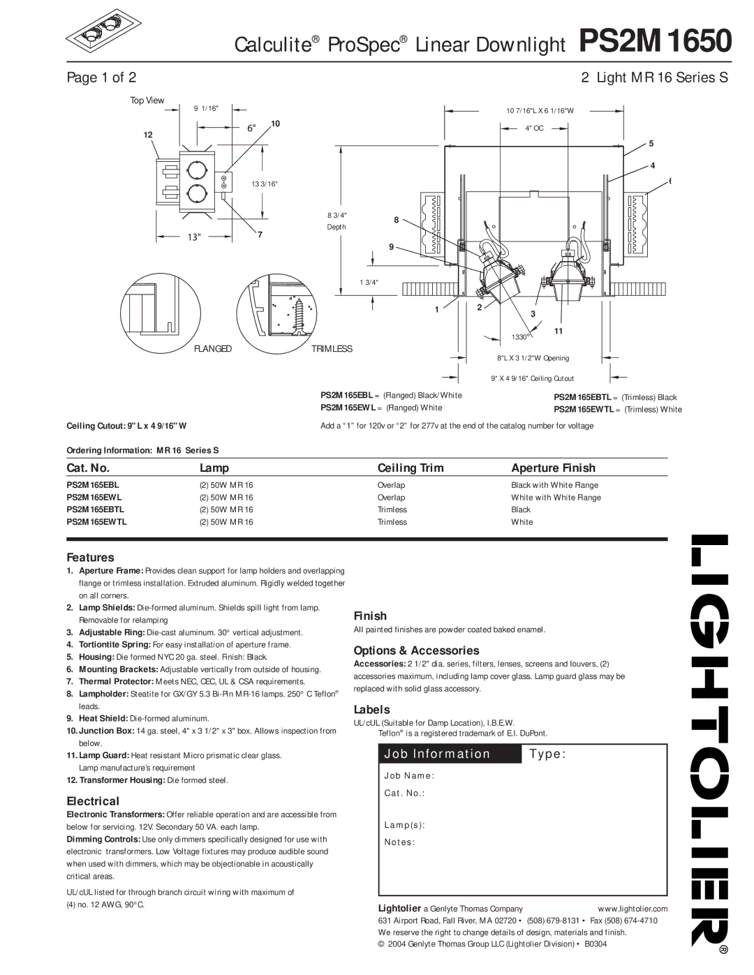 Lightolier PS2M1650 manual Cat. No Lamp Ceiling Trim Aperture Finish, Features, Electrical, Options & Accessories, Labels 