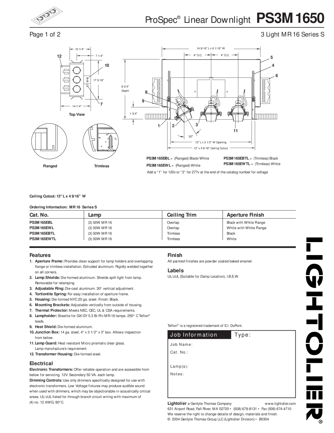 Lightolier manual ProSpec Linear Downlight PS3M1650, Page 1 of, Cat. No, Lamp, Ceiling Trim, Aperture Finish, Features 