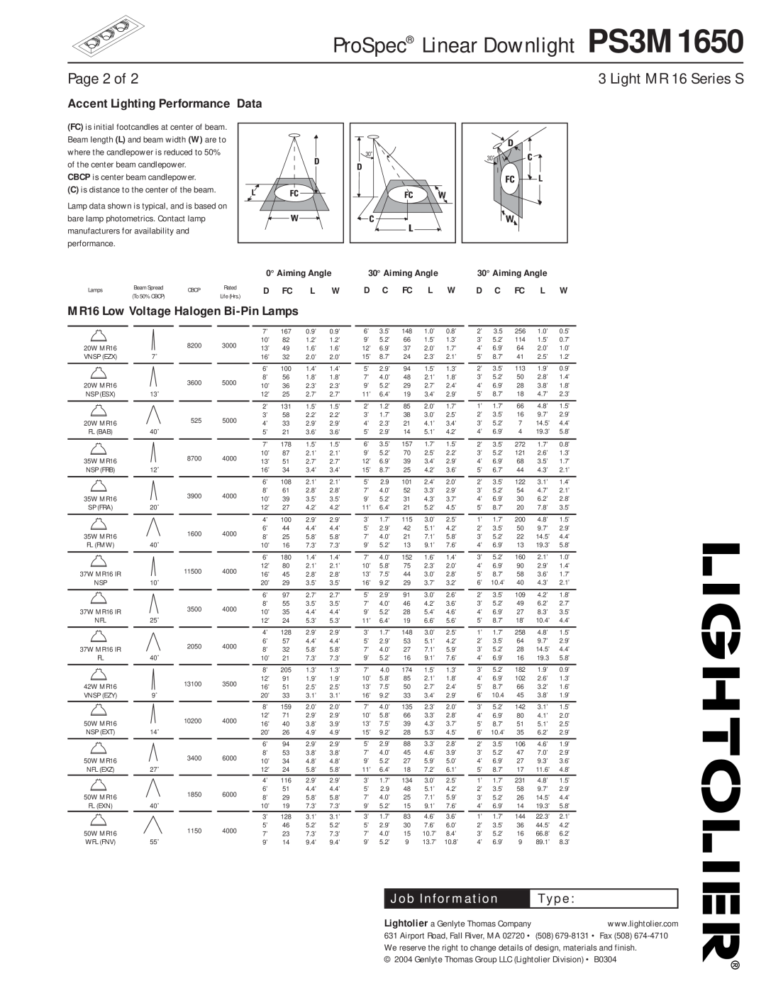 Lightolier PS3M1650 Page 2 of, Light MR 16 Series S, Accent Lighting Performance Data, Aiming Angle, D Fc, D C Fc L W 