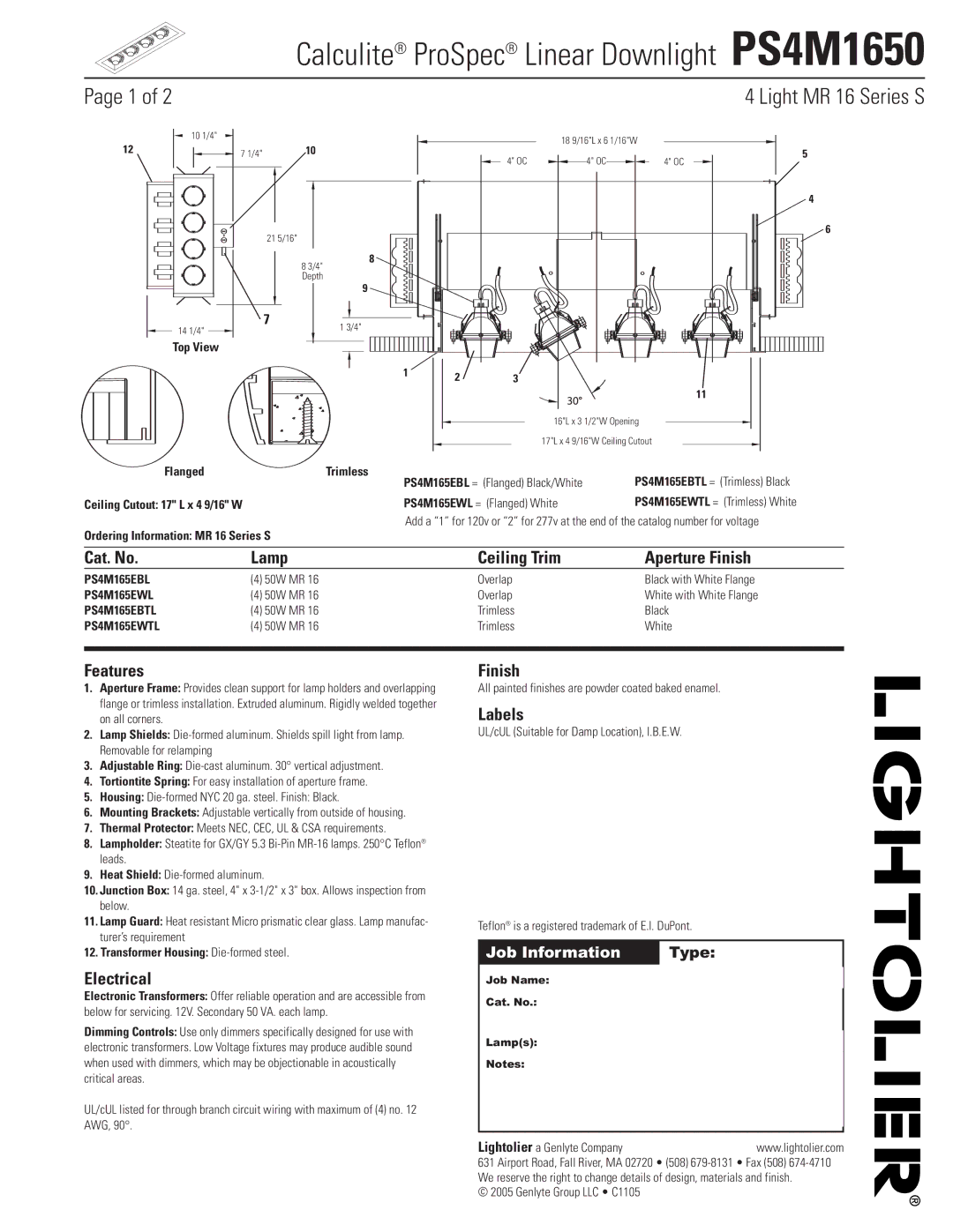 Lightolier PS4M1650 manual Cat. No Lamp Ceiling Trim Aperture Finish, Features, Electrical, Labels 