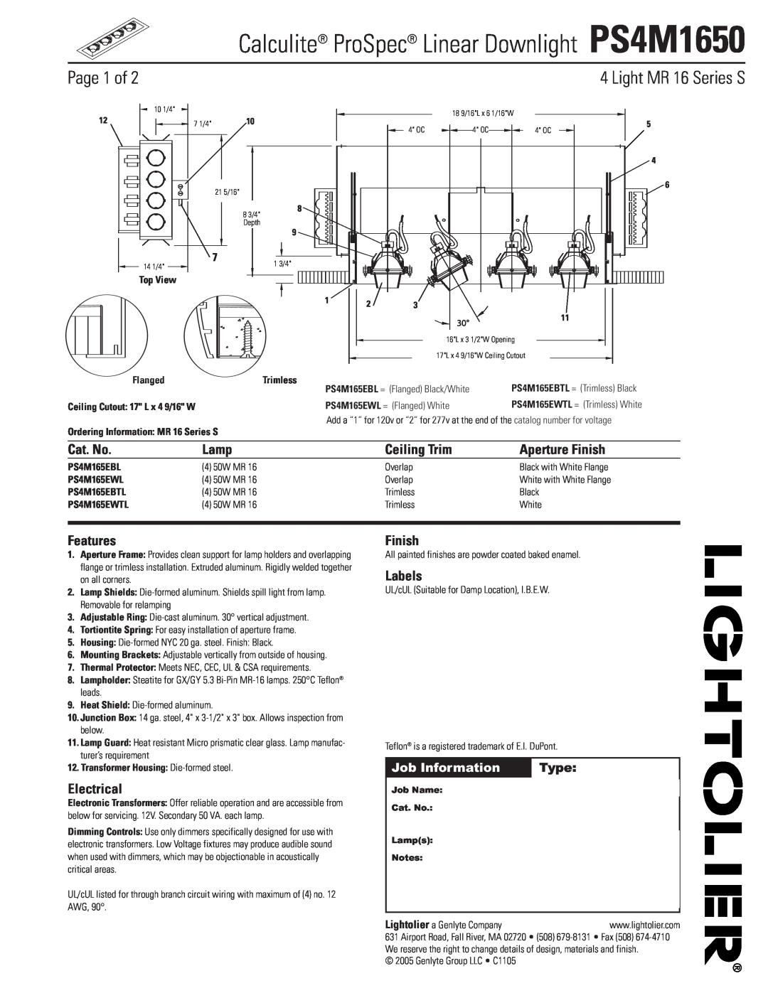 Lightolier PS4M1650 manual Page 1 of, Light MR 16 Series S, Cat. No, Lamp, Ceiling Trim, Aperture Finish, Features, Labels 