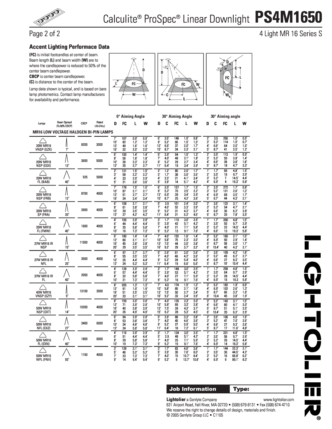 Lightolier PS4M1650 Page 2 of, Accent Lighting Performace Data, Aiming Angle, MR16 LOW VOLTAGE HALOGEN BI-PINLAMPS, Type 