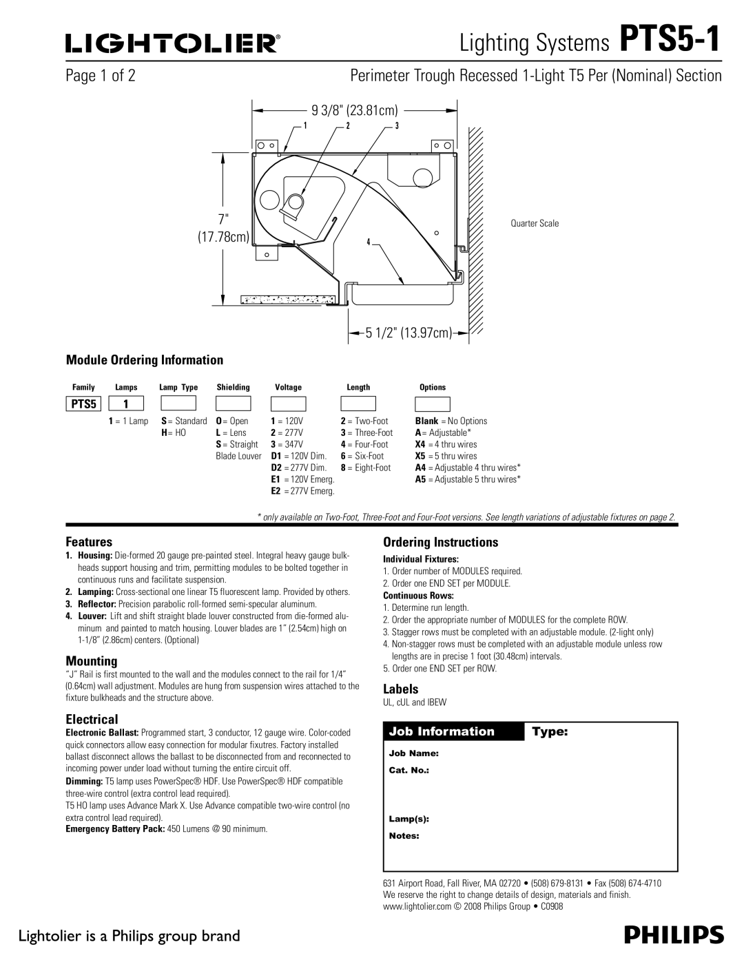 Lightolier PTS5-1 manual Module Ordering Information, Features, Mounting, Electrical, Ordering Instructions, Labels 