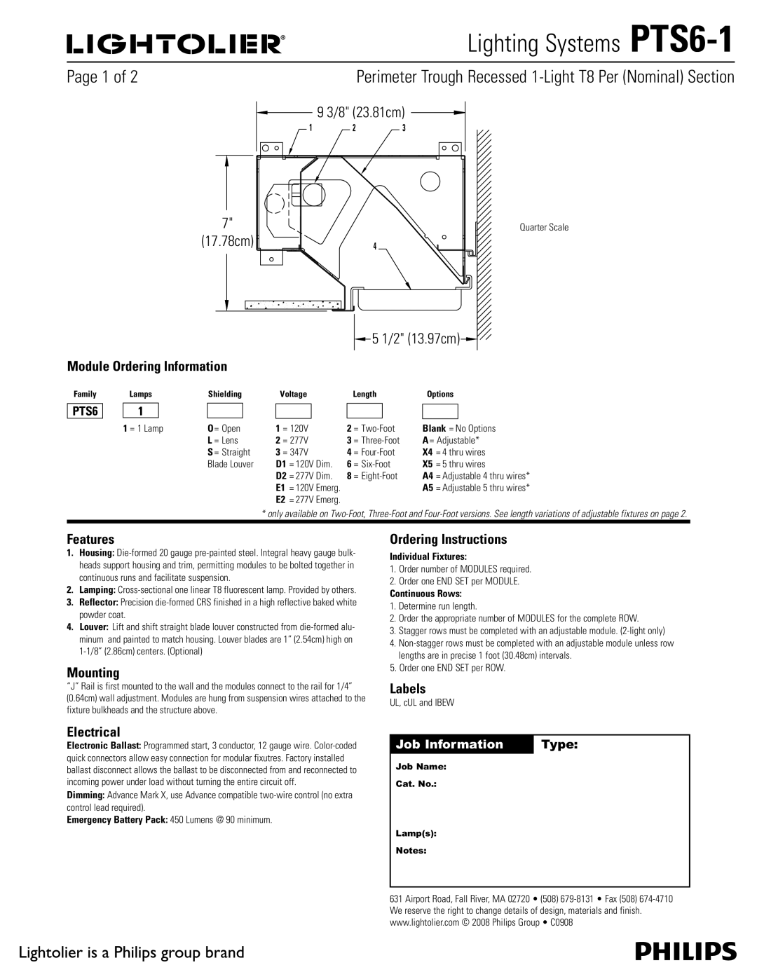 Lightolier PTS6-1 manual Module Ordering Information, Features, Mounting, Electrical, Ordering Instructions, Labels 