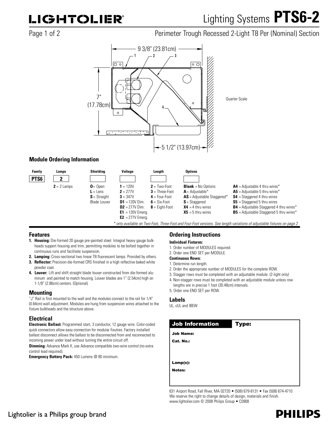 Lightolier PTS6-2 manual Module Ordering Information, Features, Mounting, Electrical, Ordering Instructions, Labels 