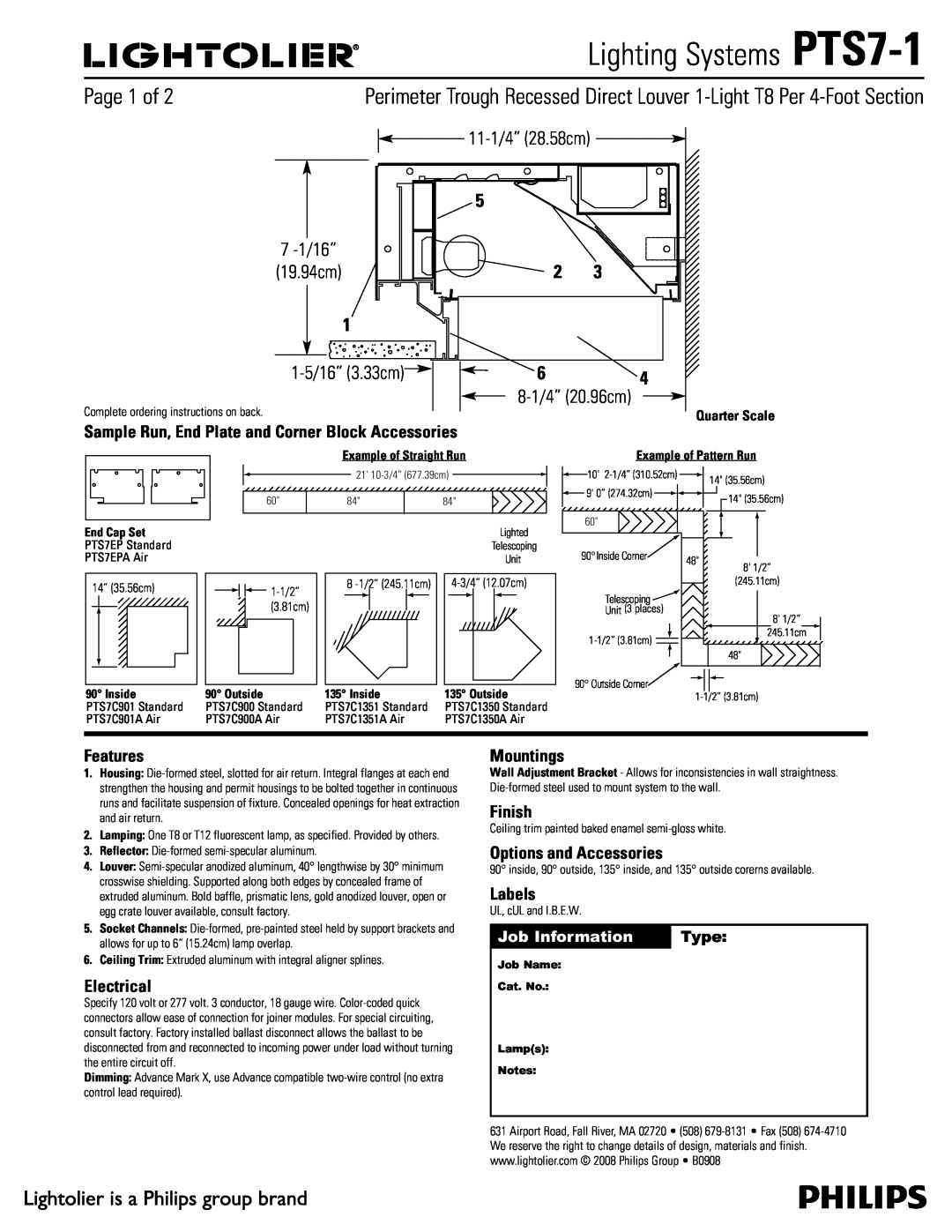 Lightolier manual Lighting Systems PTS7-1, Features, Electrical, Mountings, Finish, Options and Accessories, Labels 
