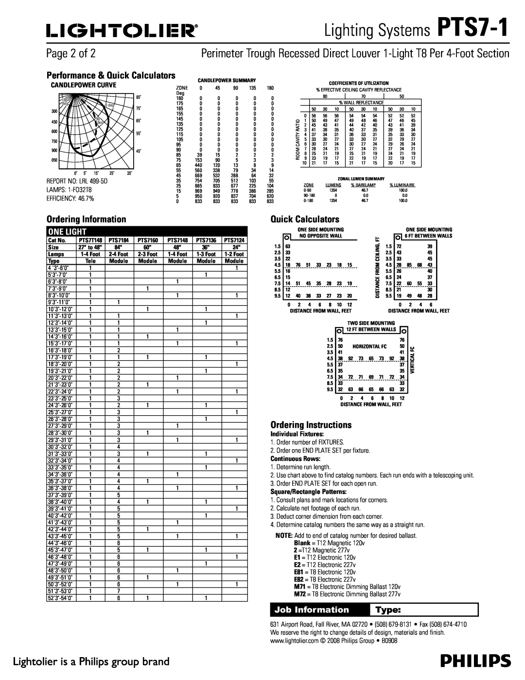 Lightolier PTS7-1 Ordering Information, Quick Calculators, Ordering Instructions, One Light, Individual Fixtures, Type 