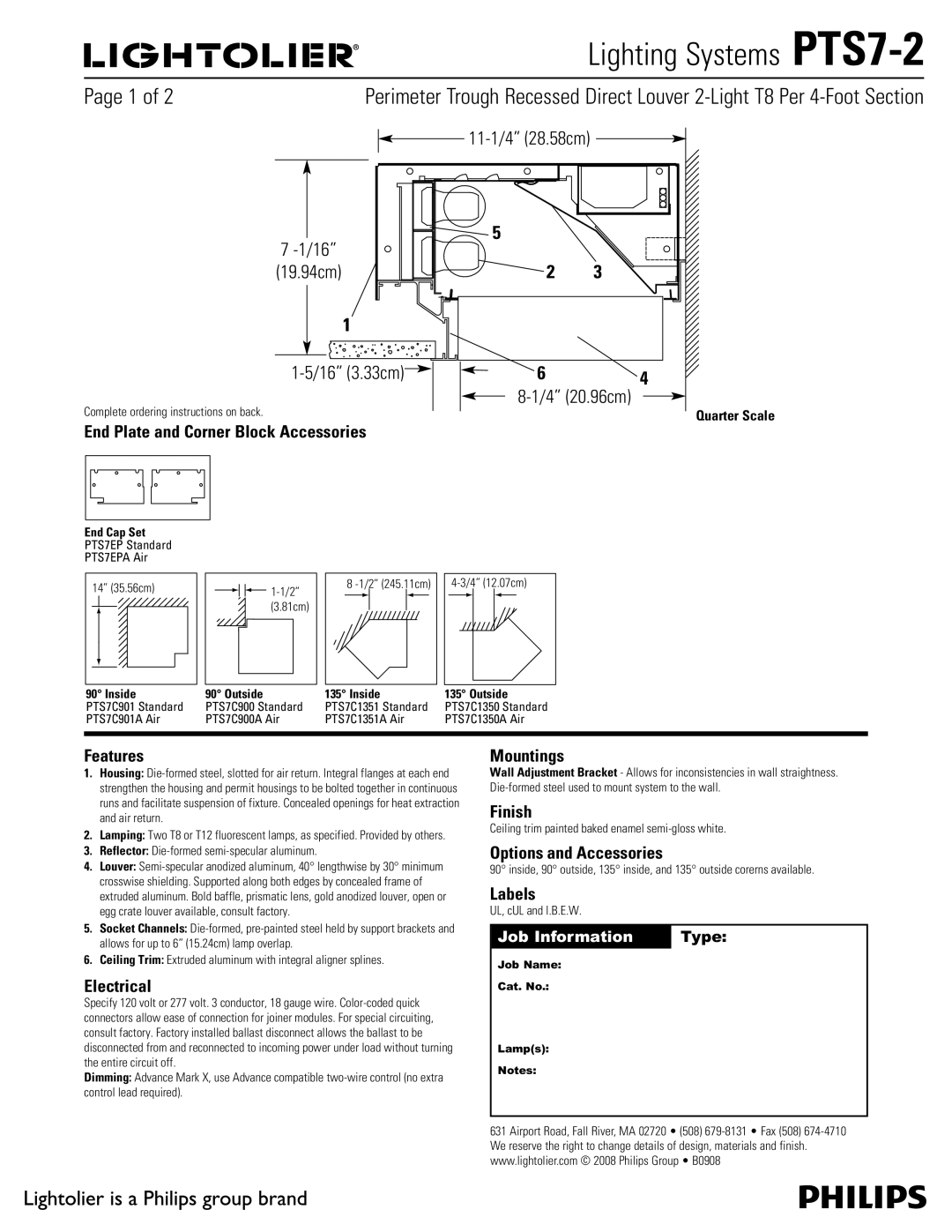 Lightolier PTS7-2 manual 11-1/4 28.58cm, End Plate and Corner Block Accessories, Features, Electrical, Mountings, Finish 