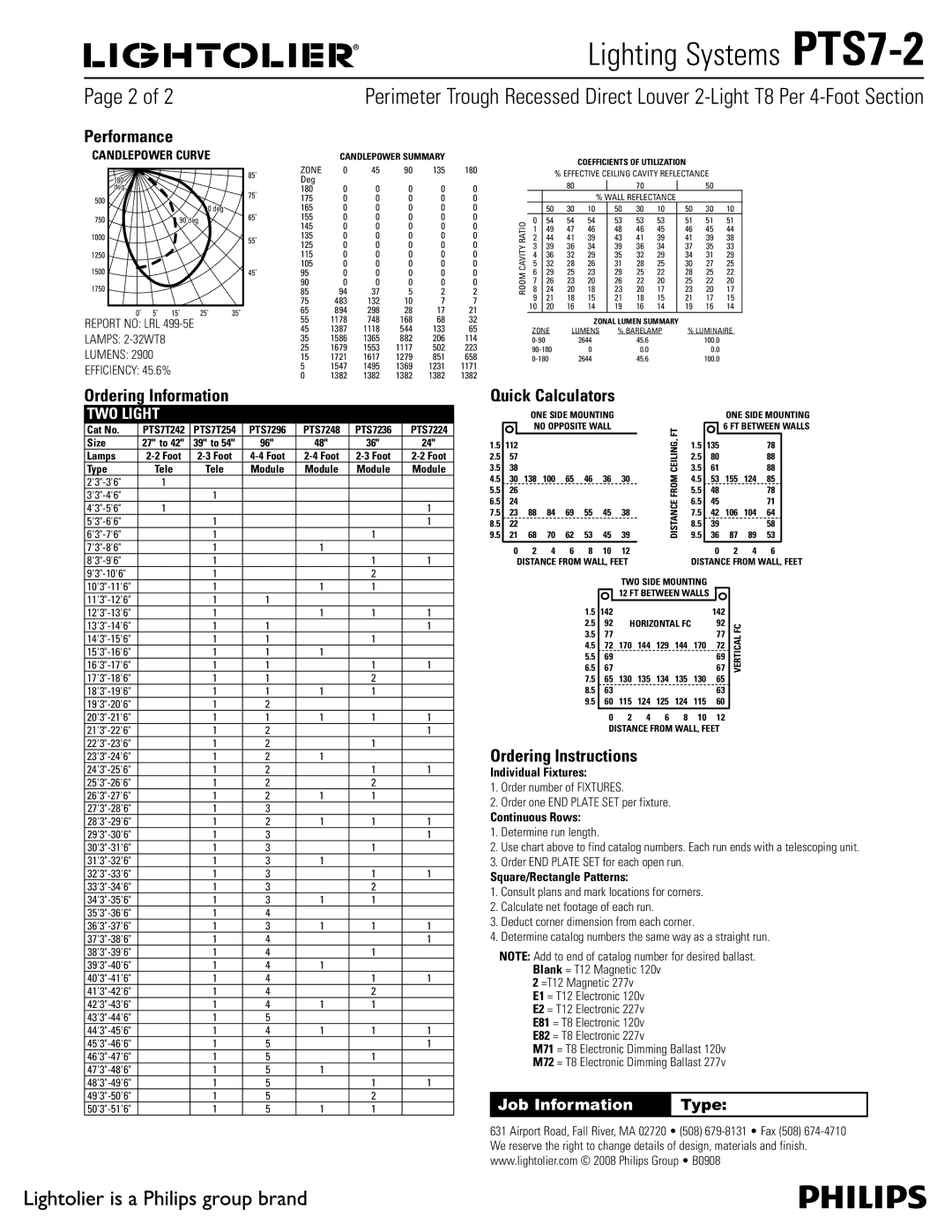 Lightolier PTS7-2 manual Performance, Ordering Information, Ordering Instructions 