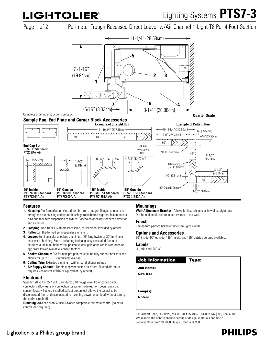 Lightolier PTS7-3 manual Features, Electrical, Mountings, Finish, Options and Accessories, Labels 