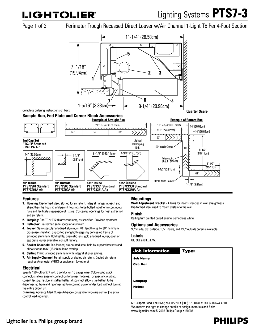 Lightolier manual Lighting Systems PTS7-3, Features, Electrical, Mountings, Finish, Options and Accessories, Labels 