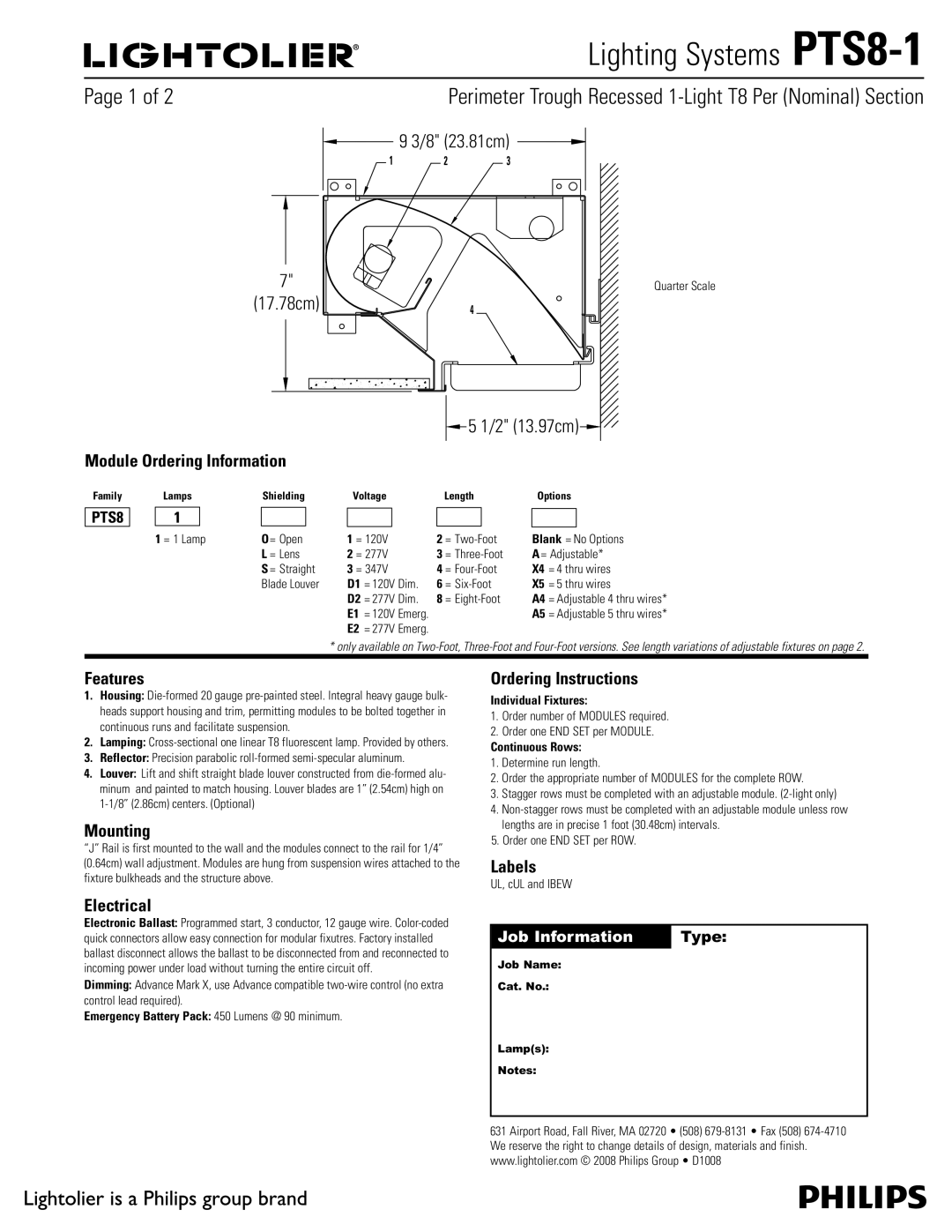 Lightolier PTS8-1 manual Module Ordering Information, Features, Mounting, Electrical, Ordering Instructions, Labels 