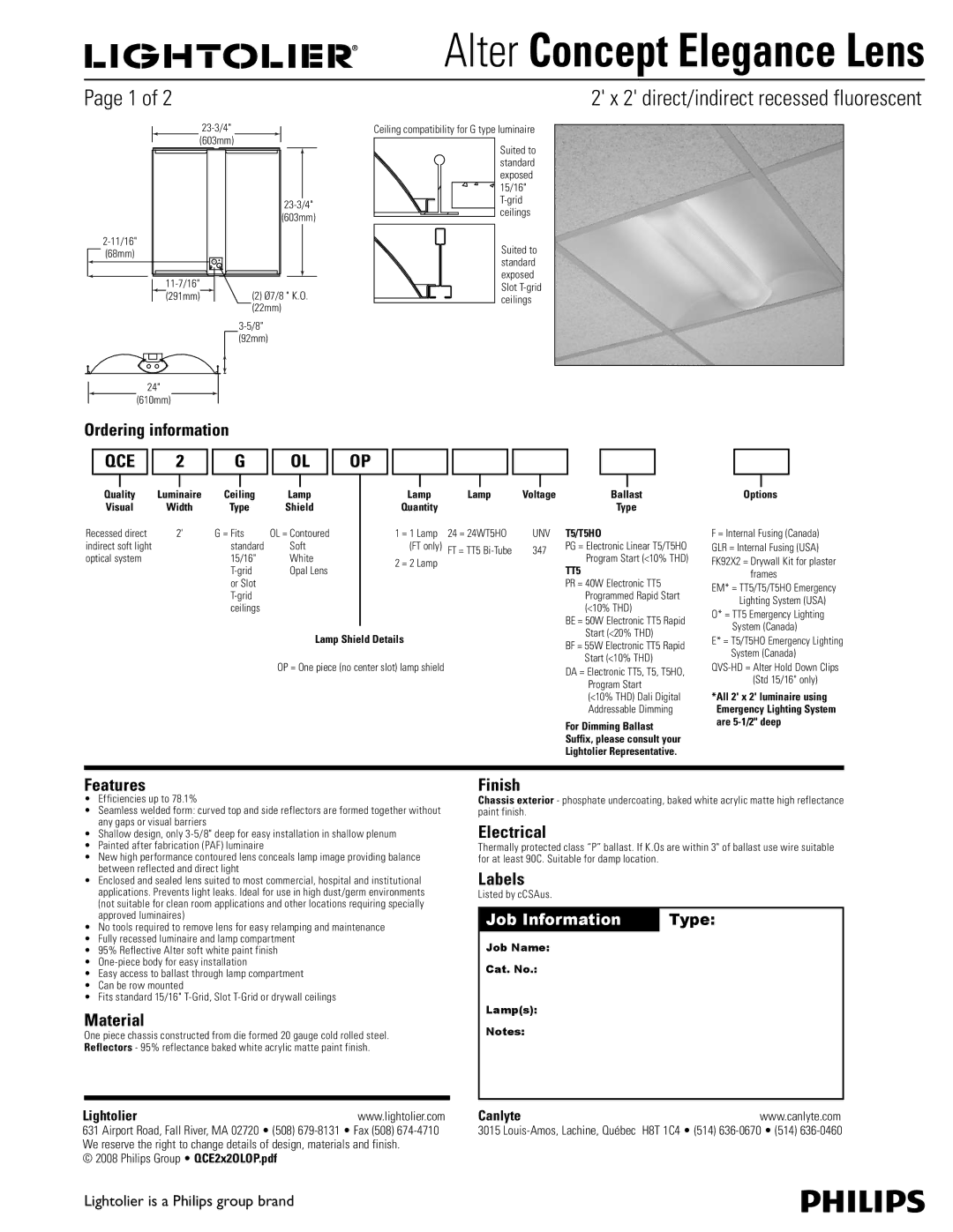 Lightolier QCE2X2OLOP manual Ordering information, Features, Material, Finish, Electrical, Labels 