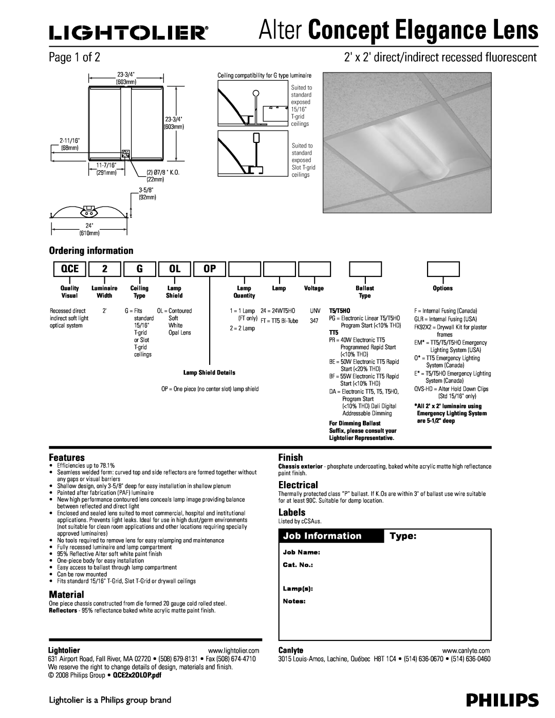 Lightolier QCE2X2OLOP manual Alter Concept Elegance Lens, Page 1 of, 2 x 2 direct/indirect recessed fluorescent, Features 
