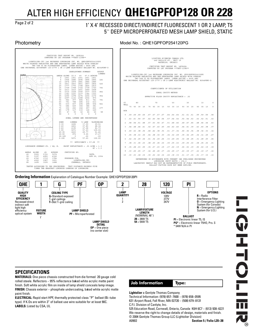 Lightolier QHE1GPFOP228, QHE1GPFOP128 dimensions 120, Job Information Type 