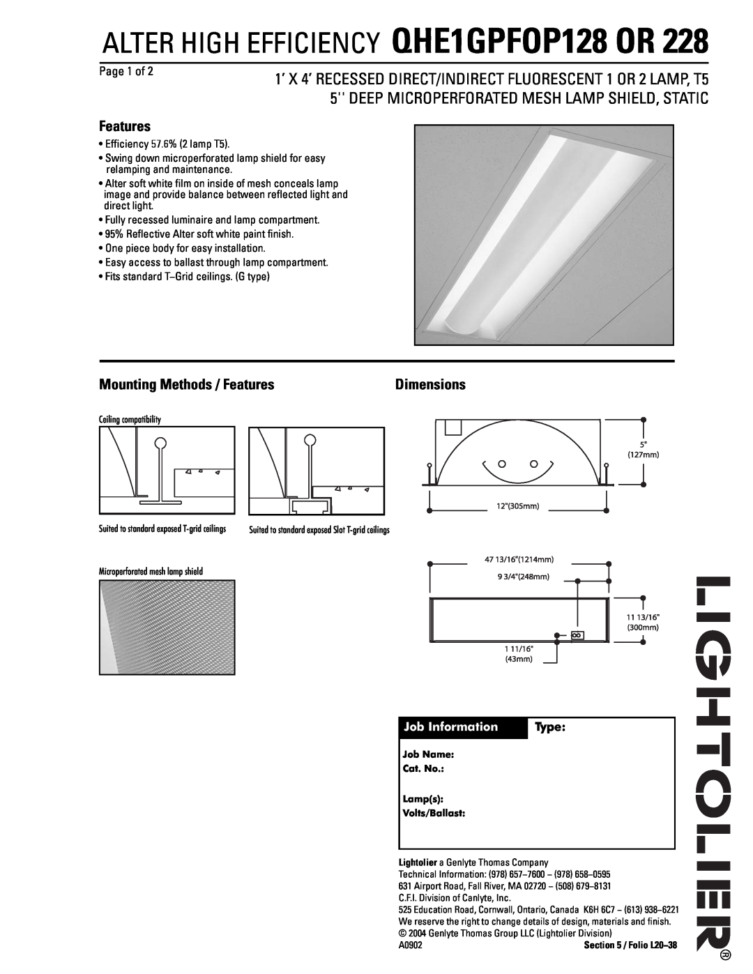 Lightolier QHE1GPFOP128 dimensions Mounting Methods / Features, Page 1 of, Job Information, Dimensions, Type 