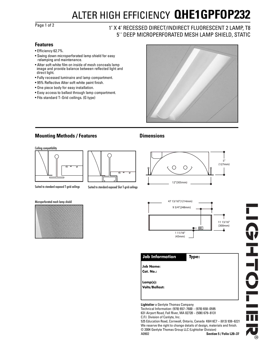 Lightolier QHE1GPFOP232 dimensions Mounting Methods / Features, Dimensions, Job Information, Type 