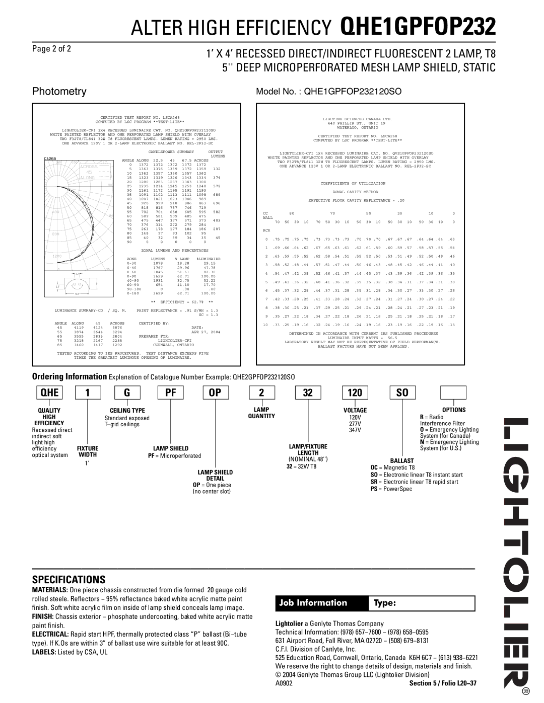 Lightolier QHE1GPFOP232 dimensions 120, Job Information Type 