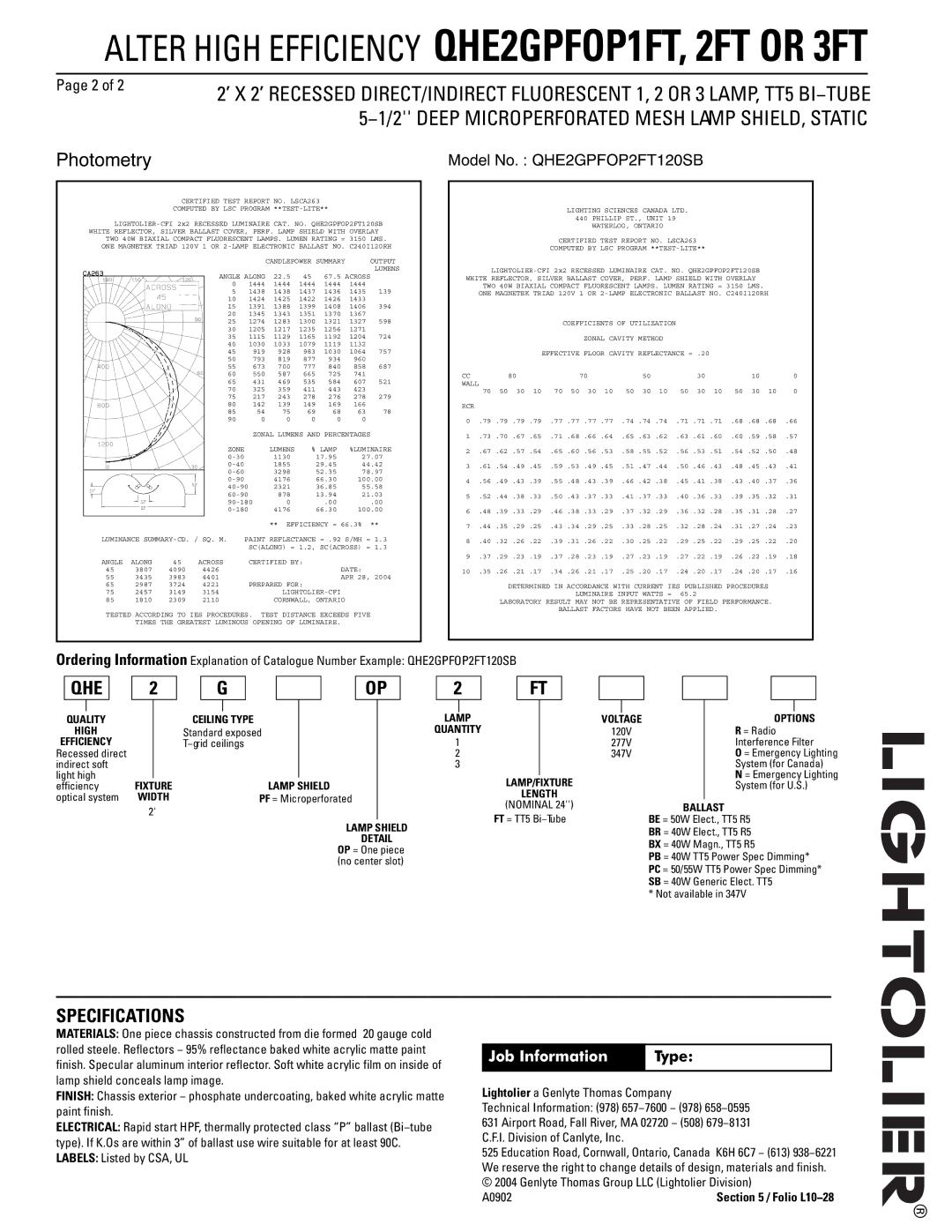 Lightolier QHE2GPFOP3FT, QHE2GPFOP1FT, QHE2GPFOP2FT dimensions Qhe, Specifications, Job Information Type 
