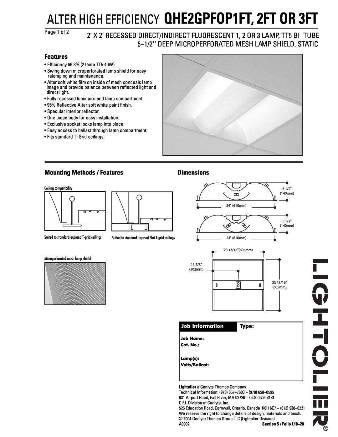 Lightolier QHE2GPFOP2FT dimensions Mounting Methods / Features, Page 1 of, Job Information, Dimensions, Type 