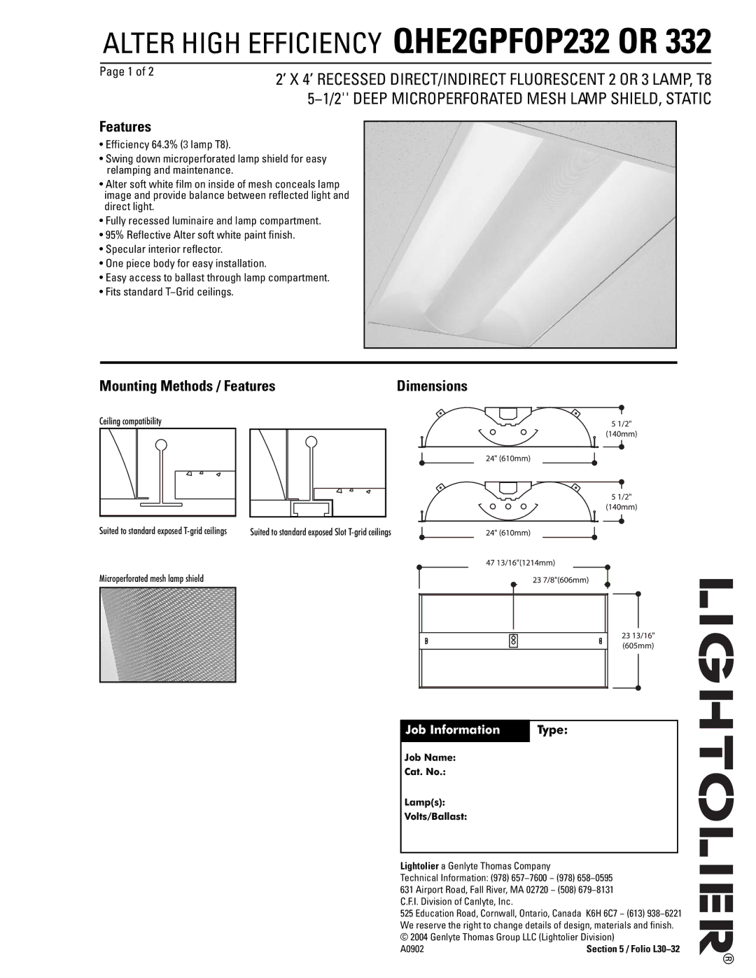 Lightolier QHE2GPFOP332 dimensions Alter High Efficiency QHE2GPFOP232 or 