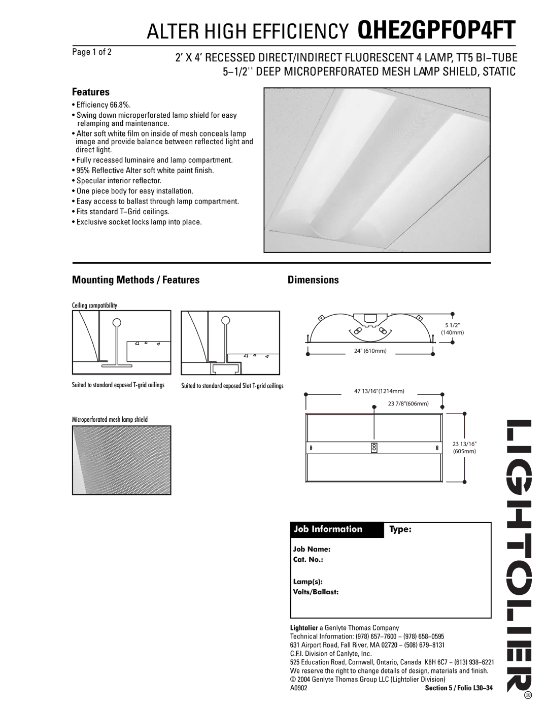 Lightolier QHE2GPFOP4FT dimensions Mounting Methods / Features, Dimensions, Job Information, Type 